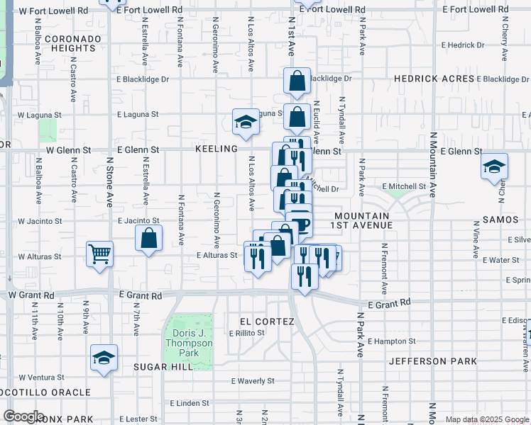 map of restaurants, bars, coffee shops, grocery stores, and more near 547 East Jacinto Street in Tucson