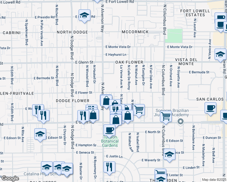 map of restaurants, bars, coffee shops, grocery stores, and more near 2662 North Alvernon Way in Tucson