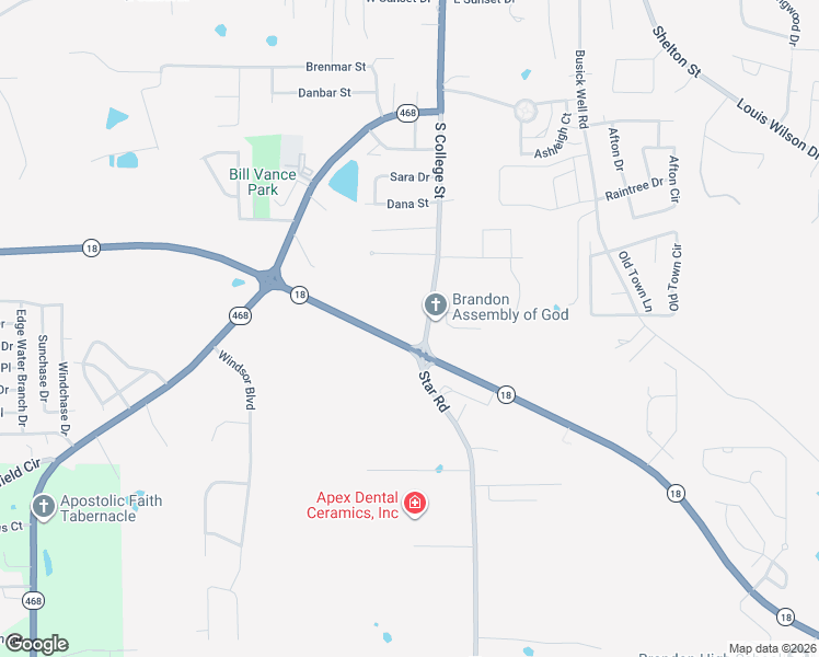 map of restaurants, bars, coffee shops, grocery stores, and more near 995 South College Street in Brandon