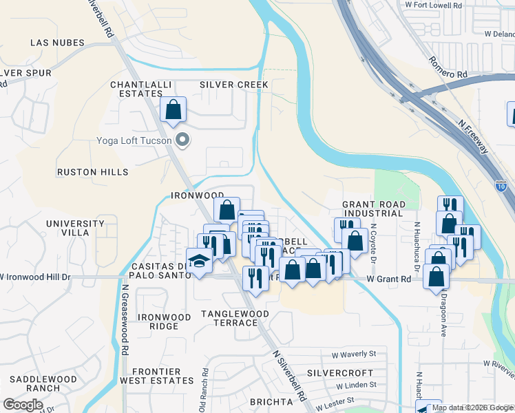map of restaurants, bars, coffee shops, grocery stores, and more near 2604 North Splitwood Avenue in Tucson