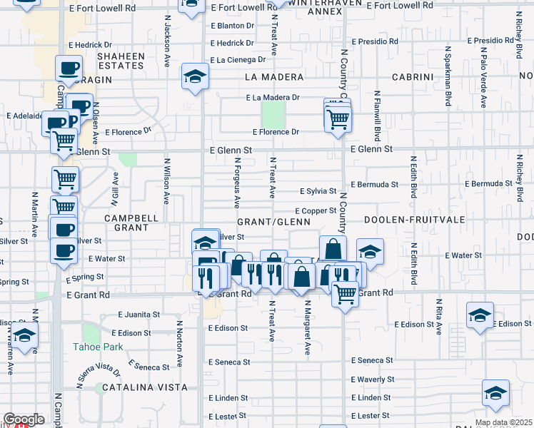 map of restaurants, bars, coffee shops, grocery stores, and more near 2611 North Treat Avenue in Tucson