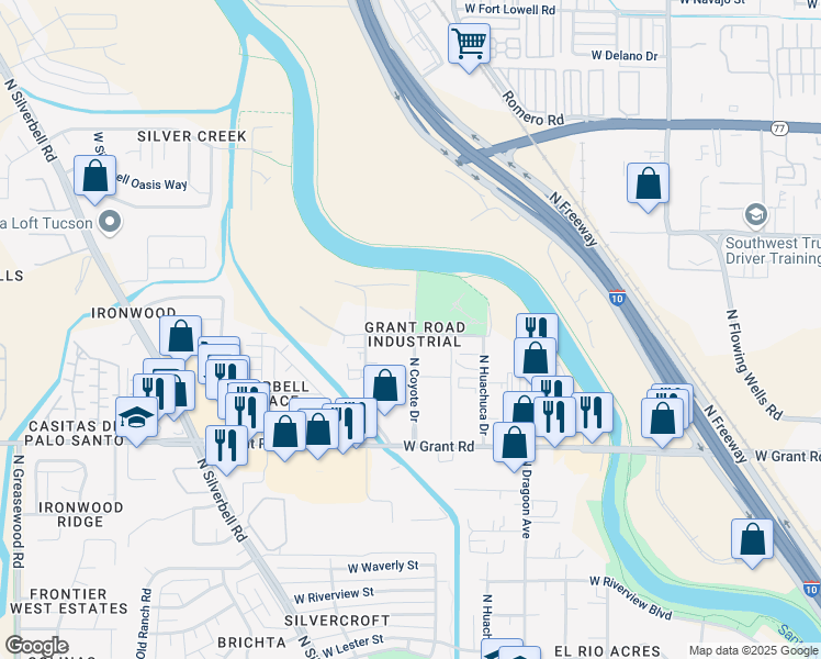 map of restaurants, bars, coffee shops, grocery stores, and more near 2560 North Coyote Drive in Tucson