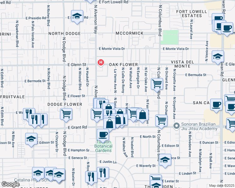 map of restaurants, bars, coffee shops, grocery stores, and more near 2602 La Verne Avenue North in Tucson