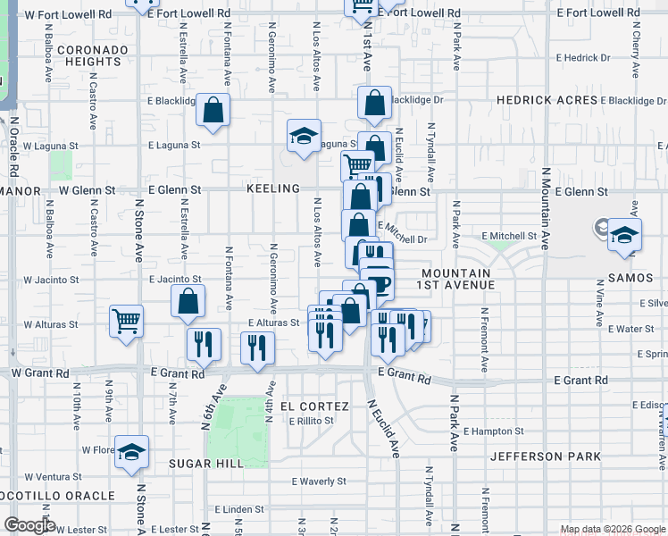 map of restaurants, bars, coffee shops, grocery stores, and more near 547 East Jacinto Street in Tucson