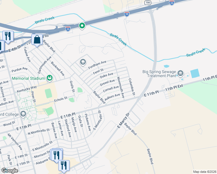 map of restaurants, bars, coffee shops, grocery stores, and more near 3217 Cornell Avenue in Big Spring