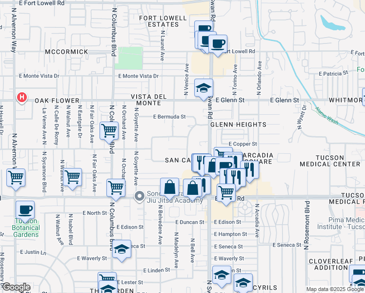map of restaurants, bars, coffee shops, grocery stores, and more near 2543 N Venice Ave in Tucson