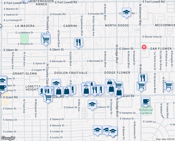 map of restaurants, bars, coffee shops, grocery stores, and more near 3423 East Flower Street in Tucson