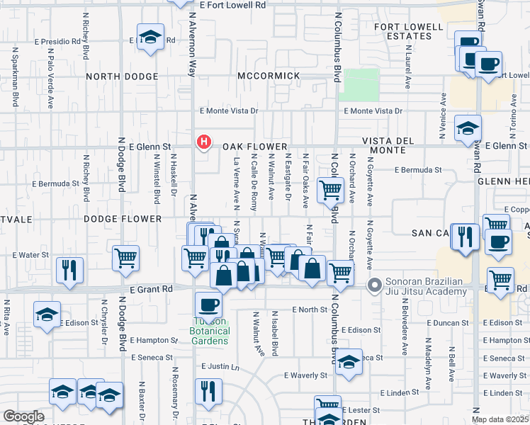 map of restaurants, bars, coffee shops, grocery stores, and more near 4101 East Flower Street in Tucson