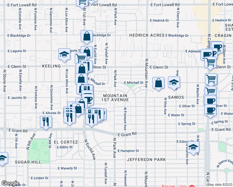 map of restaurants, bars, coffee shops, grocery stores, and more near 2622 North Park Avenue in Tucson