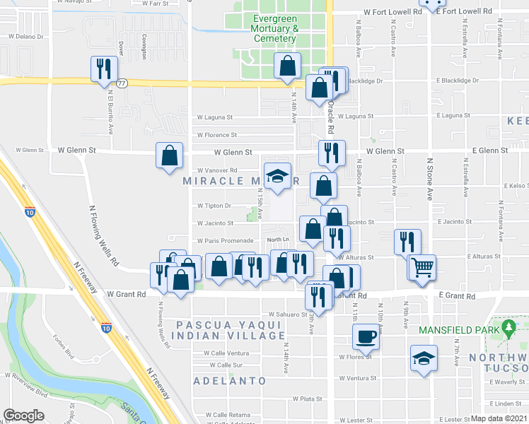 map of restaurants, bars, coffee shops, grocery stores, and more near 2620 N 15th Ave in Tucson