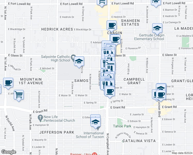 map of restaurants, bars, coffee shops, grocery stores, and more near 2607 North Martin Avenue in Tucson