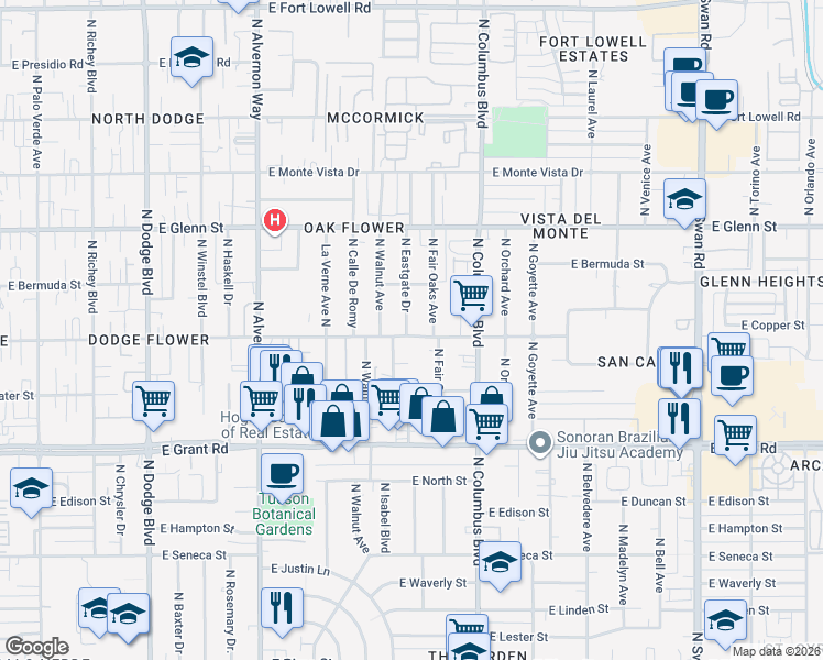 map of restaurants, bars, coffee shops, grocery stores, and more near 4165 East Flower Street in Tucson