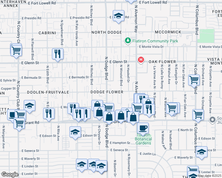 map of restaurants, bars, coffee shops, grocery stores, and more near 3731 East Flower Street in Tucson