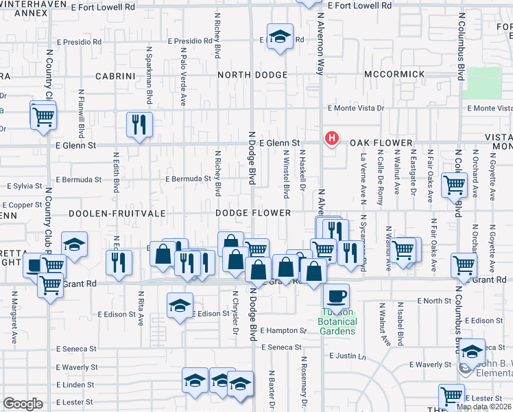 map of restaurants, bars, coffee shops, grocery stores, and more near 2610 North Dodge Boulevard in Tucson