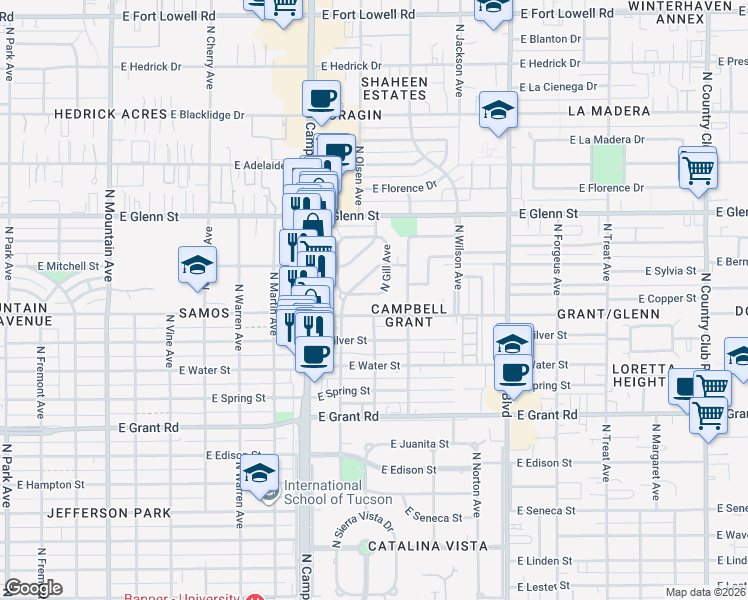 map of restaurants, bars, coffee shops, grocery stores, and more near 2022 East Towner Street in Tucson