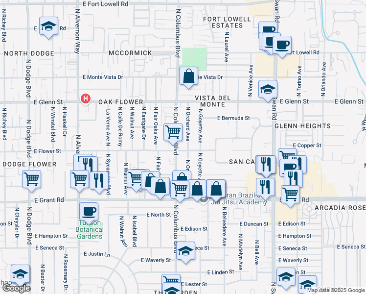 map of restaurants, bars, coffee shops, grocery stores, and more near 4303 East Flower Street in Tucson