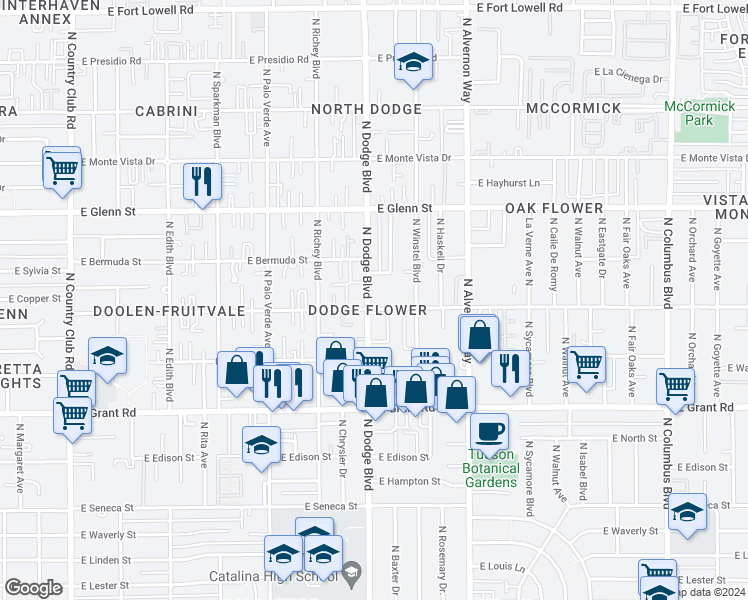 map of restaurants, bars, coffee shops, grocery stores, and more near 2605 North Dodge Boulevard in Tucson