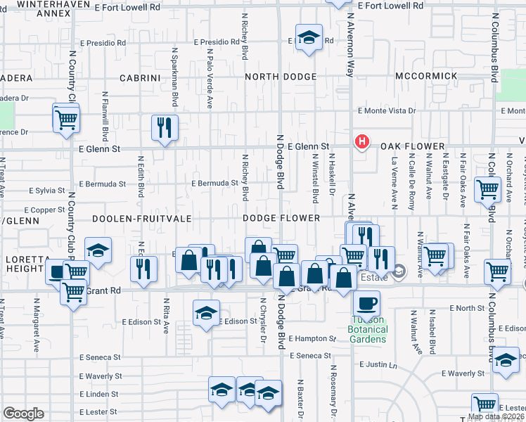 map of restaurants, bars, coffee shops, grocery stores, and more near 2605 North Dodge Boulevard in Tucson