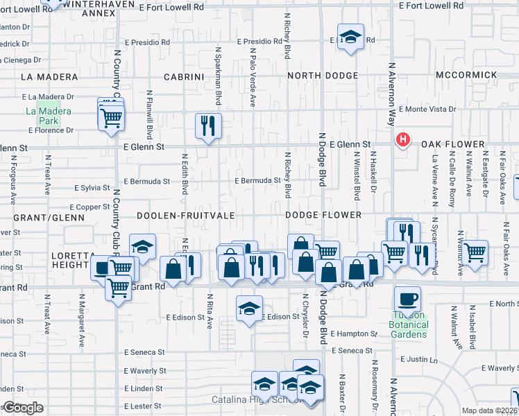 map of restaurants, bars, coffee shops, grocery stores, and more near 3525 East Flower Street in Tucson
