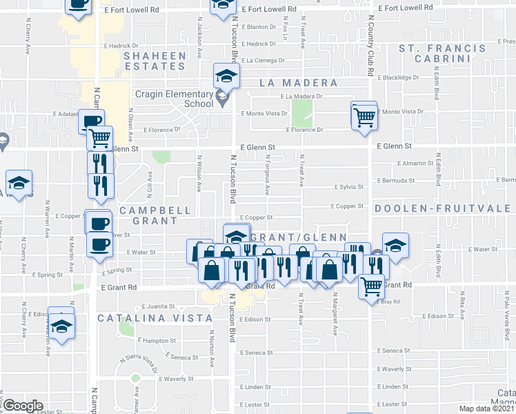 map of restaurants, bars, coffee shops, grocery stores, and more near 2552 East Sequoyah in Tucson