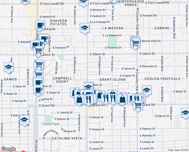 map of restaurants, bars, coffee shops, grocery stores, and more near 2552 East Sequoyah in Tucson