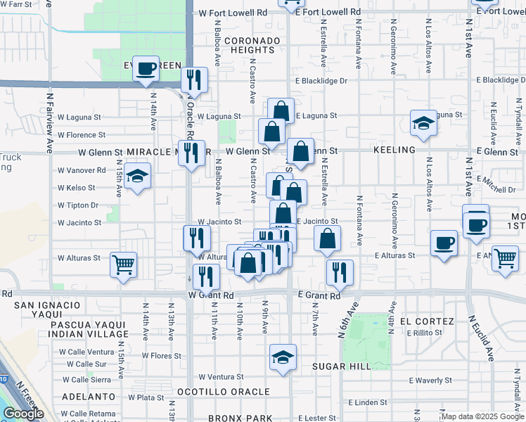 map of restaurants, bars, coffee shops, grocery stores, and more near 2617 North Stone Avenue in Tucson