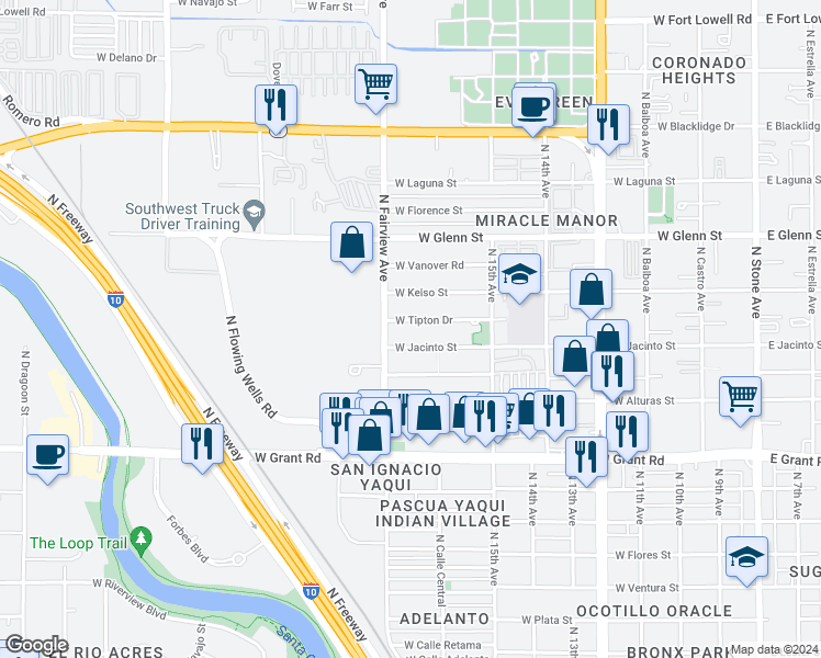 map of restaurants, bars, coffee shops, grocery stores, and more near 825 West Tipton Drive in Tucson