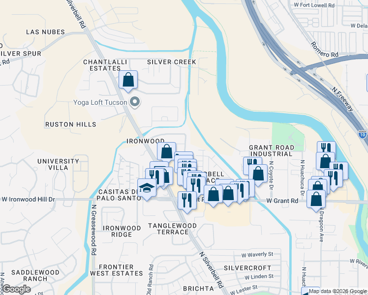 map of restaurants, bars, coffee shops, grocery stores, and more near 2604 North Splitwood Avenue in Tucson