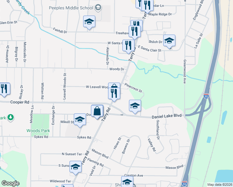 map of restaurants, bars, coffee shops, grocery stores, and more near 3162 Terry Road in Jackson