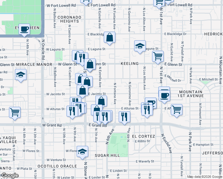 map of restaurants, bars, coffee shops, grocery stores, and more near 2603 North Fontana Avenue in Tucson