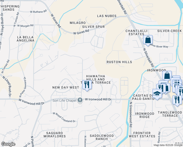 map of restaurants, bars, coffee shops, grocery stores, and more near 2611 North Teresa Lane in Tucson