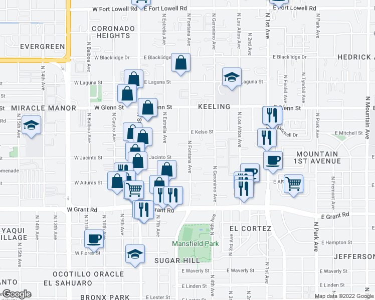 map of restaurants, bars, coffee shops, grocery stores, and more near 2605 North Fontana Avenue in Tucson