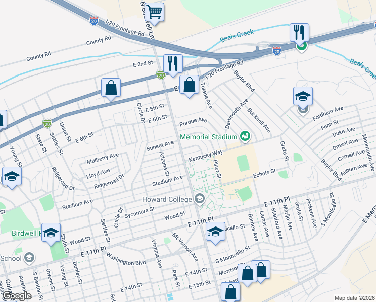 map of restaurants, bars, coffee shops, grocery stores, and more near 706 Birdwell Lane in Big Spring