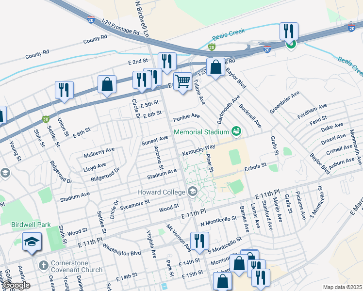 map of restaurants, bars, coffee shops, grocery stores, and more near 706 Birdwell Lane in Big Spring