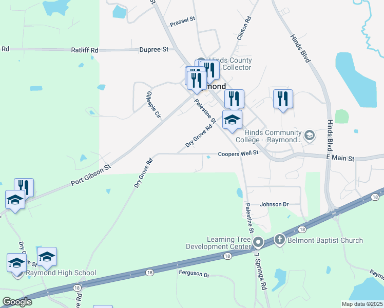 map of restaurants, bars, coffee shops, grocery stores, and more near 330 Cooper Wells Street in Raymond