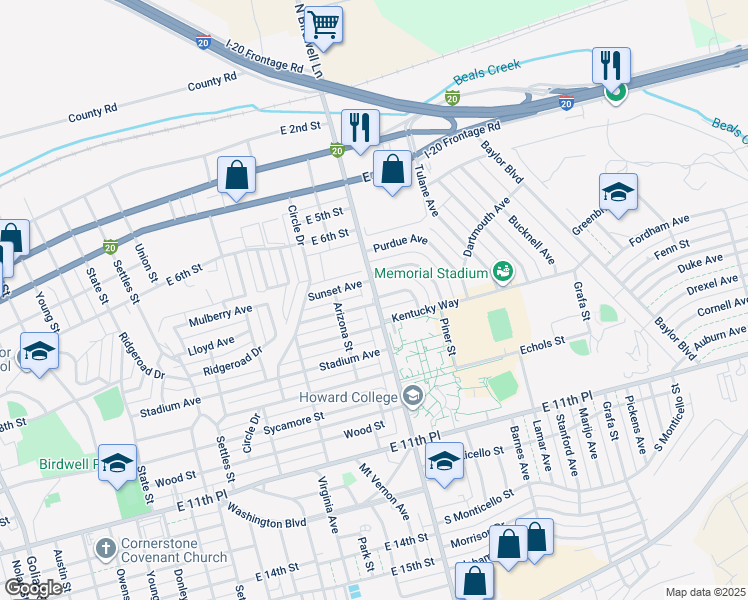 map of restaurants, bars, coffee shops, grocery stores, and more near 706 Birdwell Lane in Big Spring