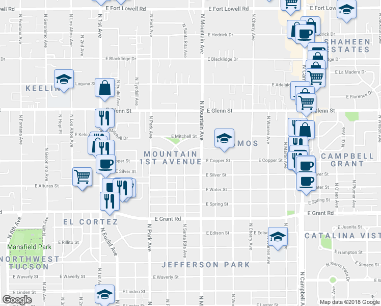 map of restaurants, bars, coffee shops, grocery stores, and more near 1218 E East Circle Dr in Tucson