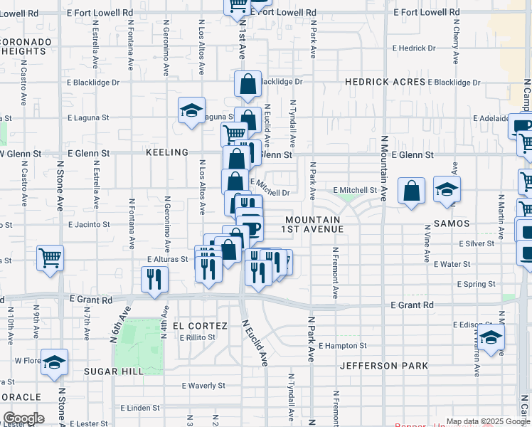 map of restaurants, bars, coffee shops, grocery stores, and more near 810 East Sequoyah Street in Tucson