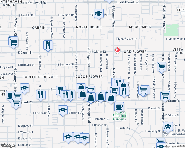 map of restaurants, bars, coffee shops, grocery stores, and more near 3731 East Flower Street in Tucson