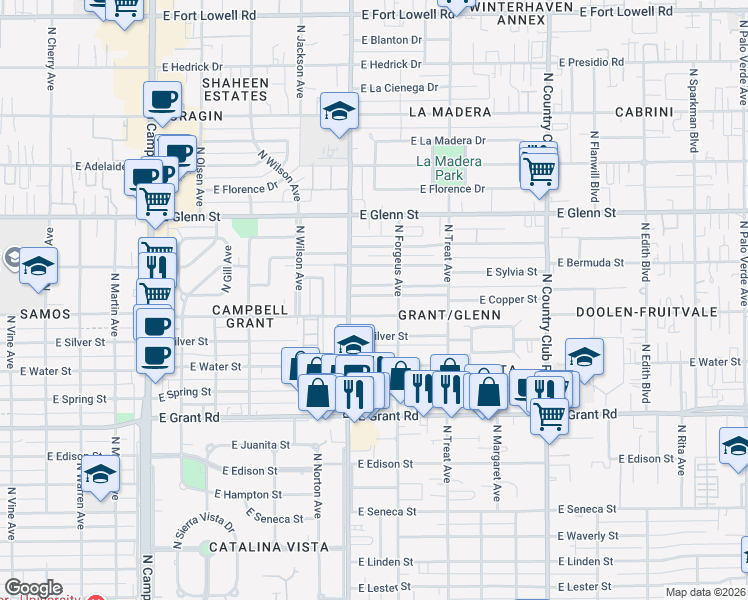 map of restaurants, bars, coffee shops, grocery stores, and more near 2552 East Sequoyah in Tucson