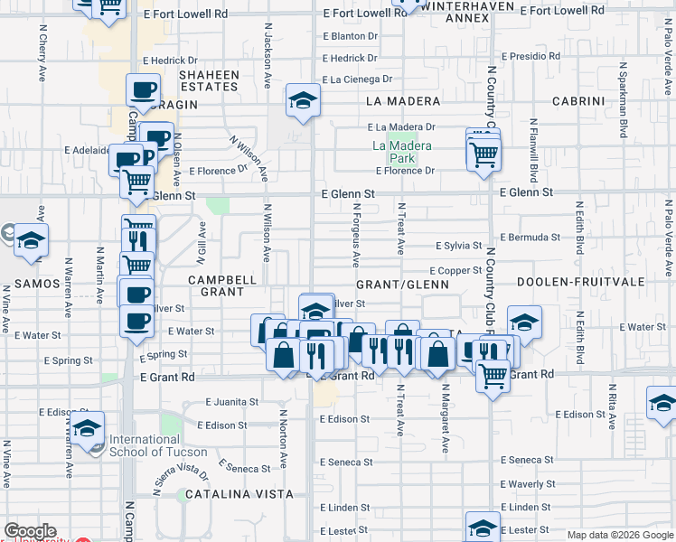 map of restaurants, bars, coffee shops, grocery stores, and more near 2550 East Sequoyah in Tucson
