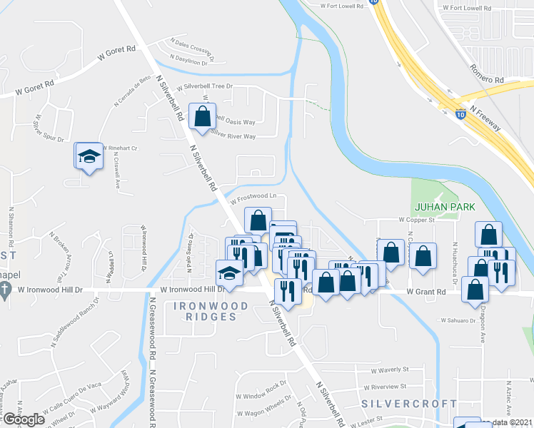 map of restaurants, bars, coffee shops, grocery stores, and more near 2181 W Roundwood Pl in Tucson