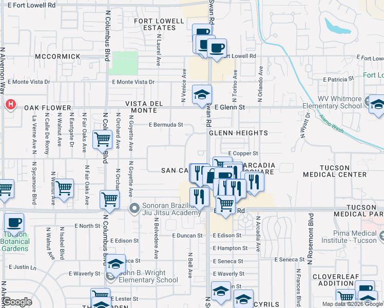 map of restaurants, bars, coffee shops, grocery stores, and more near 2539 North Swan Road in Tucson
