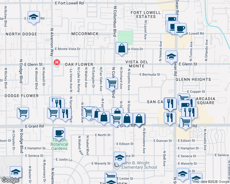 map of restaurants, bars, coffee shops, grocery stores, and more near 4303 East Flower Street in Tucson