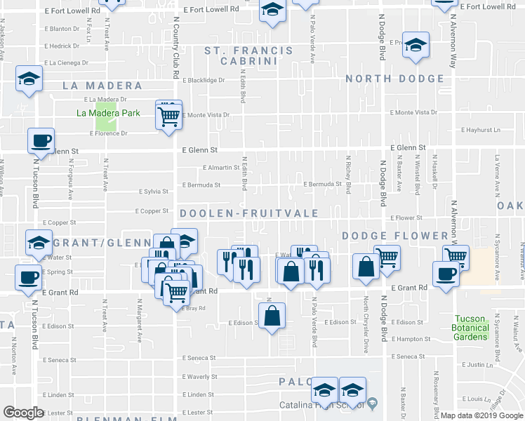 map of restaurants, bars, coffee shops, grocery stores, and more near in Tucson