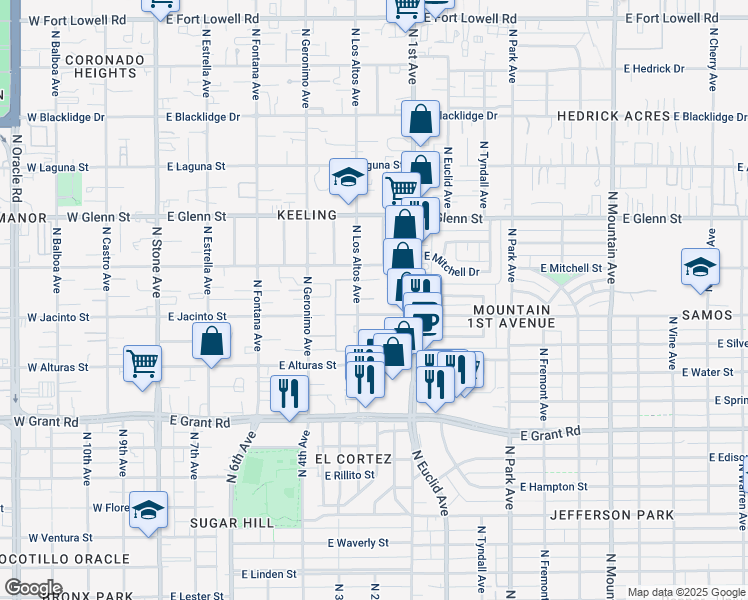 map of restaurants, bars, coffee shops, grocery stores, and more near 547 East Jacinto Street in Tucson