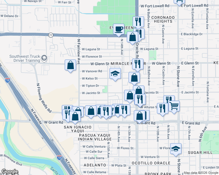 map of restaurants, bars, coffee shops, grocery stores, and more near 2620 North 15th Avenue in Tucson