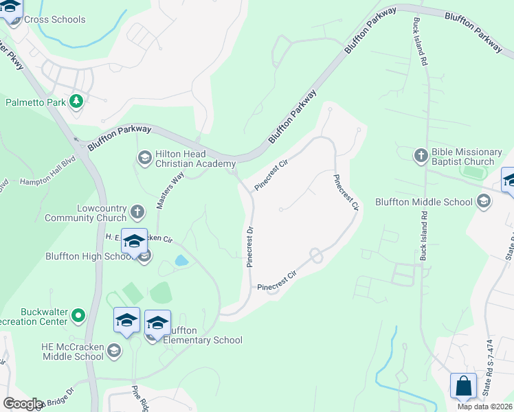map of restaurants, bars, coffee shops, grocery stores, and more near 115 Pinecrest Drive in Bluffton