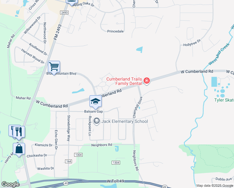 map of restaurants, bars, coffee shops, grocery stores, and more near 1951 Blue Mountain Boulevard in Tyler