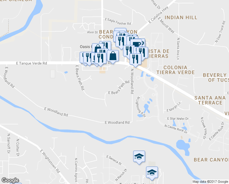 map of restaurants, bars, coffee shops, grocery stores, and more near 9001 East Bears Path Road in Tucson